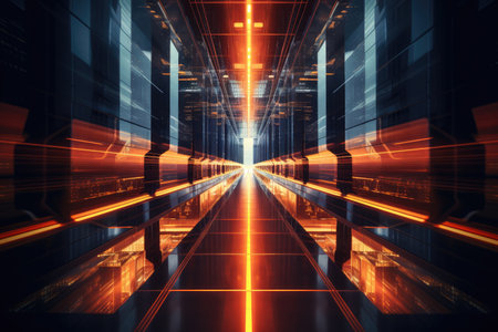 Futuristic corridor with glowing lights, 3d rendering digital illustrationの素材