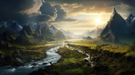Beautiful fantasy landscape with a river and mountains in the background.の素材
