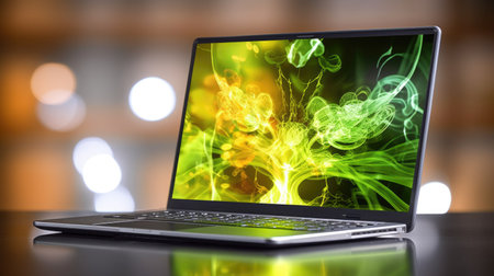 Laptop with green smoke on the background. 3d rendering.の素材