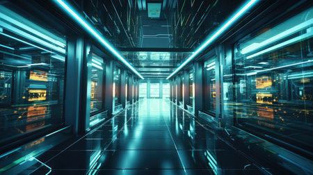 futuristic corridor with glowing lights 3d rendering toned imageの素材