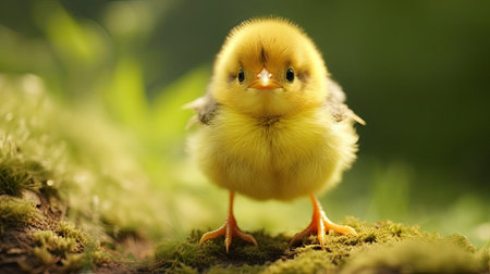 Cute little yellow chicken on green moss background with copy space.の素材