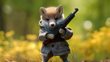 red fox in a jacket with a gun on a background of yellow flowersの素材