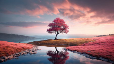 Autumn landscape with tree and reflection in water. 3D renderingの素材