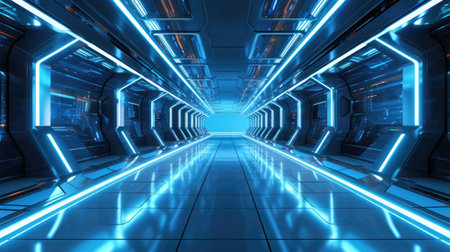 futuristic scifi tunnel corridor with glowing lights 3d renderingの素材