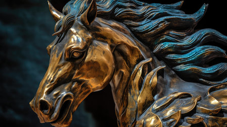 Bronze horse head on black background, close-up. 3d renderingの素材