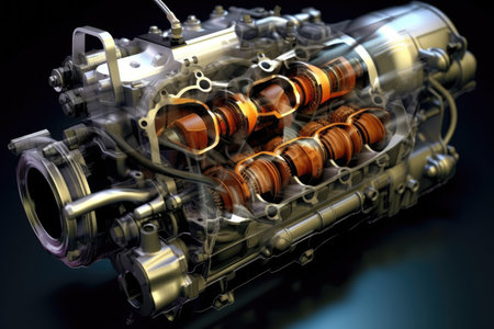 3d rendering of car engine on black background with reflection in waterの素材