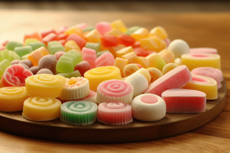 Assorted colorful candies on a wooden plate. Shallow dof.の素材
