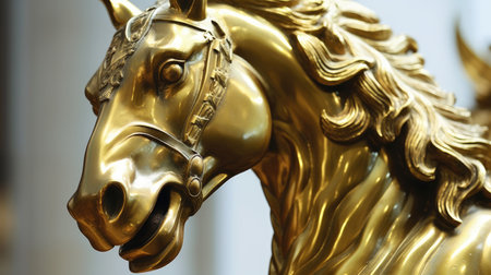 Horse statue, closeup of horse head in golden color.の素材