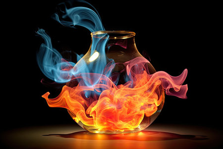 Glass vase with fire and smoke on black background. 3d renderingの素材