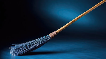 Close up of a broom on a dark blue background. Cleaning conceptの素材