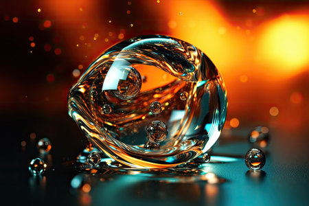 3D illustration of a crystal ball with water drops on a dark backgroundの素材