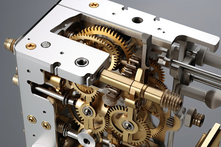 3D rendering of a mechanism with gears and cogwheels on a gray backgroundの素材