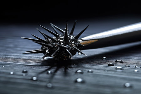 Black sharpening tweezers on a black background with water dropsの素材