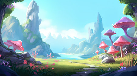 a cartoon landscape with a river and mountainsの素材