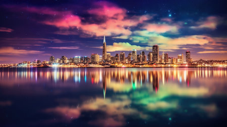 a city skyline with colorful clouds and starsの素材