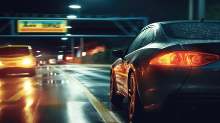 a car on a wet road at nightの素材