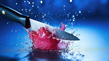 a knife being hit by a red liquidの素材