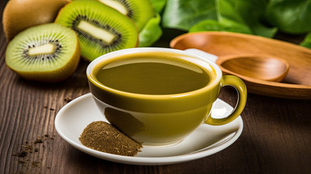 a cup of green liquid next to kiwi fruitの素材