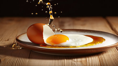 Falling egg with yolk on plate on wooden table, closeupの素材