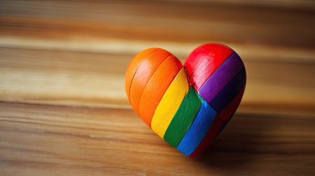 a rainbow colored heart on a wood surfaceの素材