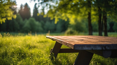 a wooden table in a grassy areaの素材