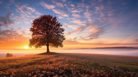 a tree in a field with a foggy skyの素材