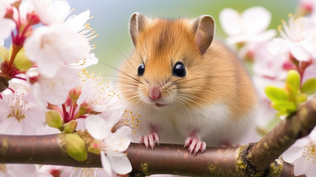 a mouse on a branch with flowersの素材