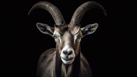 a goat with horns looking at the cameraの素材