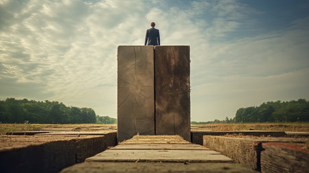 a man standing on a block of woodの素材