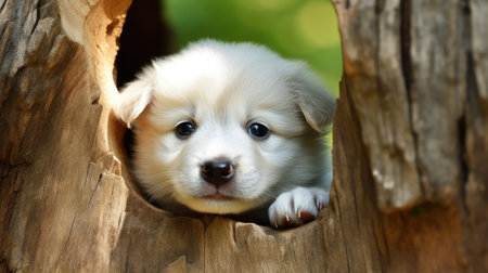 a white puppy in a tree stumpの素材
