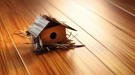 a small bird house on a wood surfaceの素材