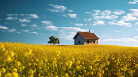 a house in a field of yellow flowersの素材