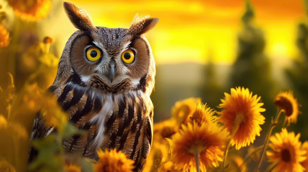 an owl standing in a field of flowersの素材