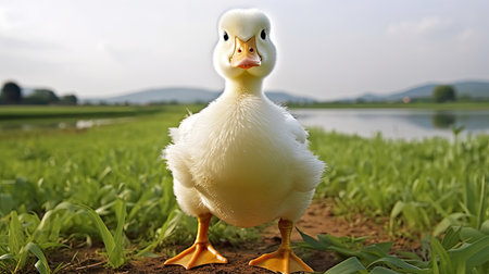 a duck standing on grassの素材