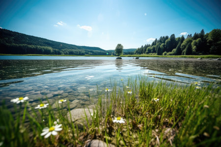 a lake with grass and rocksの素材
