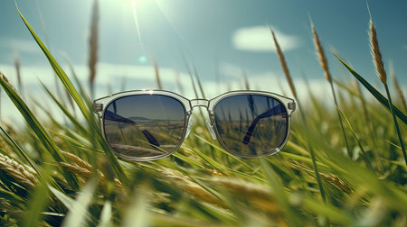 sunglasses in a field of grassの素材