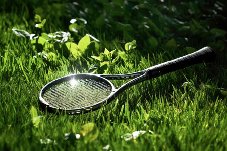 a tennis racket in the grassの素材