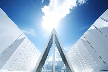 a triangular building with a glass doorの素材