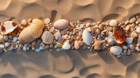 a group of shells and rocks on sandの素材