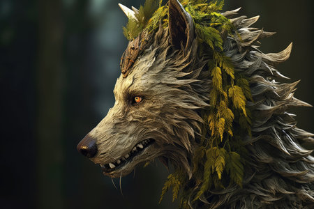 a statue of a wolf with leaves on its headの素材