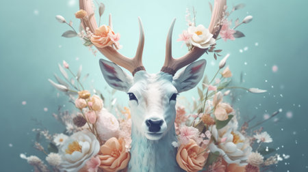 a deer with antlers surrounded by flowersの素材