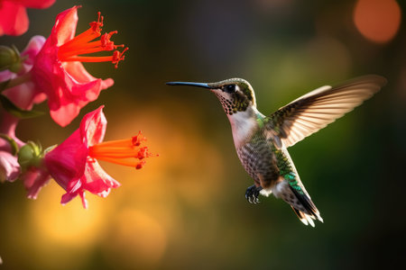 a hummingbird flying next to a flowerの素材