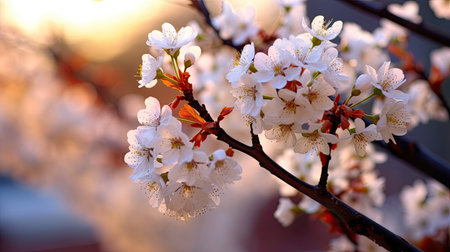 a close up of a tree branch with white flowersの素材