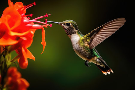 a hummingbird flying next to a flowerの素材