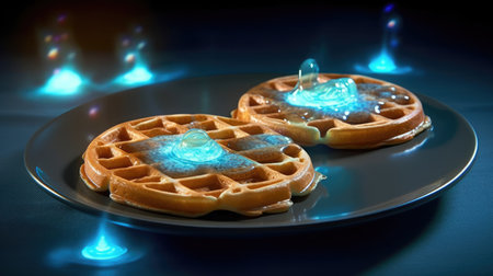 a waffles with blue liquid on a plateの素材