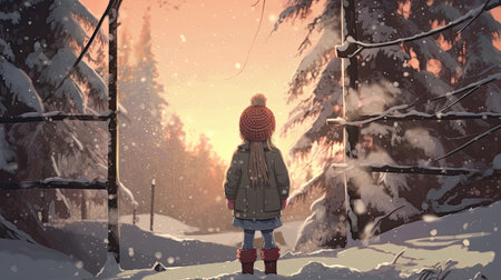 a child standing in the snowの素材