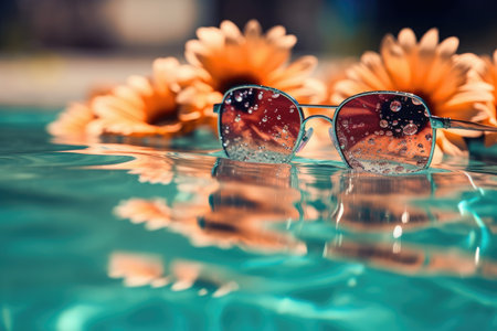 sunglasses in the water with flowersの素材