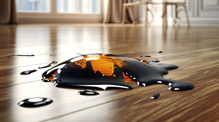 3d rendering of oil drop splashing on wooden floor at homeの素材