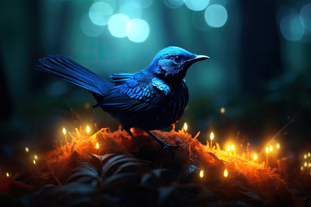 a blue bird standing on a rock with lit candlesの素材
