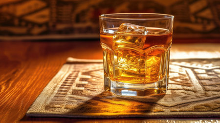 a glass of amber liquid with ice on a place matの素材